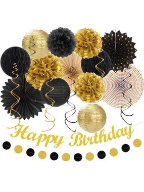 Black Gold Birthday Decorations Banner Balloons Streamers Party Decor Set